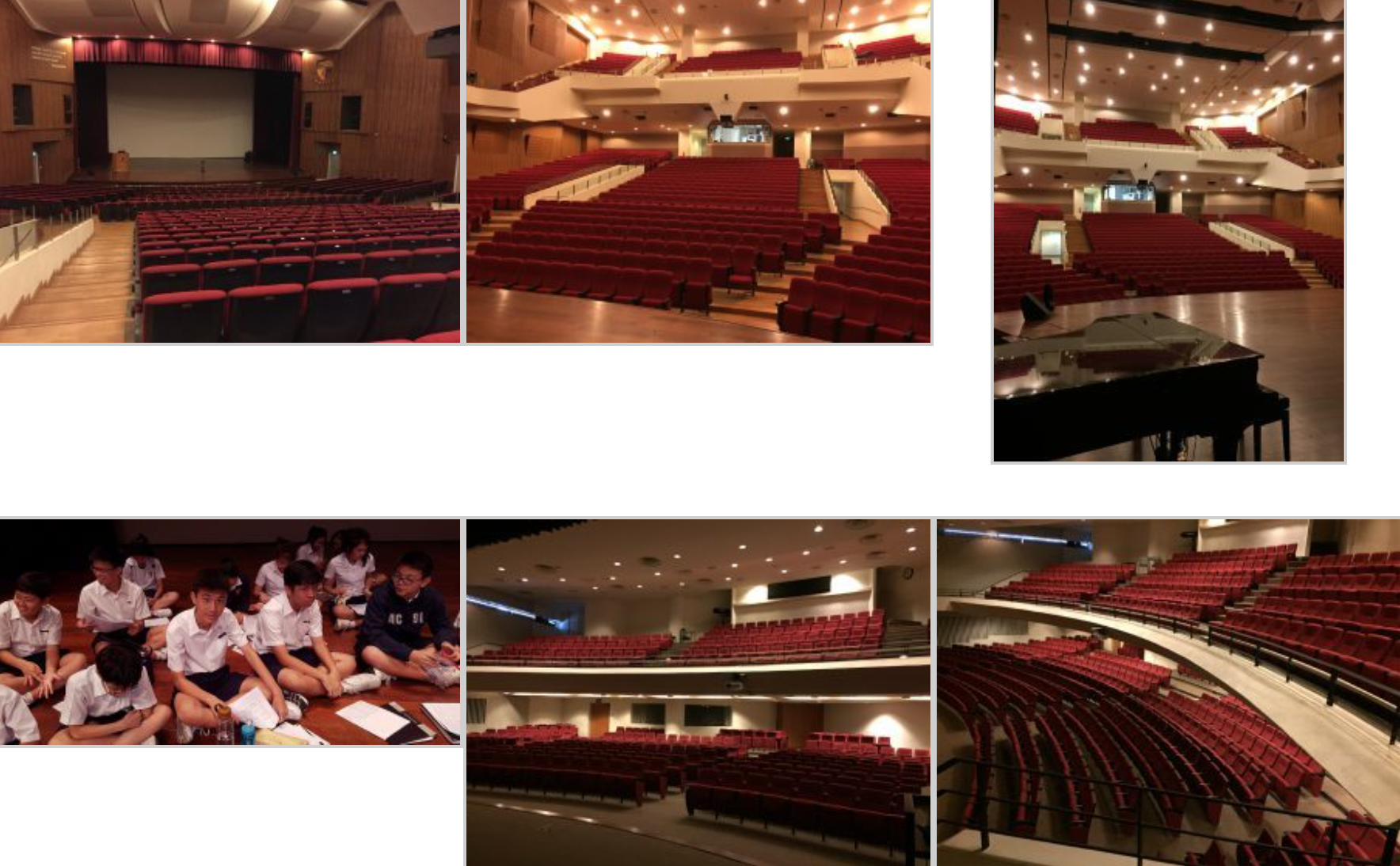 Six photos showing an auditorium with red seats from various angles, plus students sitting on the stage floor.
